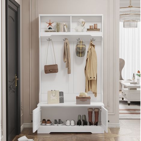 Armario recibidor de aglomerado blanco con banco integrado, 2 puertas, 4 ganchos y 2 huecos abiertos, 101,5 x 183 cm (1/5)