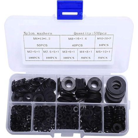 Arandelas aislantes de nailon Cosswe, paquete de 500 unidades, negras, M2, M2.5, M3, M4, M5, M6, M8, M10 para aplicaciones en las industrias automotriz, de plomería, naval y de ingeniería mecánica. (1/3)