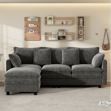 Divano angolare 3 posti con chaise longue rimovibile, 4 cuscini, 212 x 150 x 90 cm, grigio OKMYHOME (1/5)