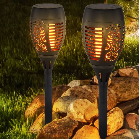 2er Set LED Solar Steck Lampe Dekor Stanzungen Feuer Flacker Effekt Garten Außen Leuchte Terrassen Erdspieß