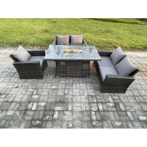 Fimous Rattan Outdoor Garden Furniture Gas Fire Pit Table Sets Gas Heater with Double Seat Sofa Armchair 5 Seater Dark Mixed Grey (1/5)