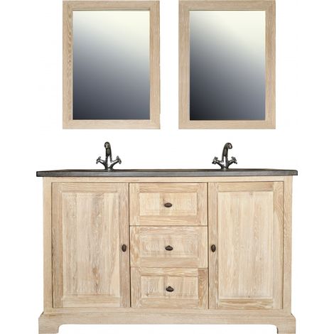 Meuble double vasque en chêne blanchie L140 et 2 miroirs (ensemble) - VIENNE II (1/5)
