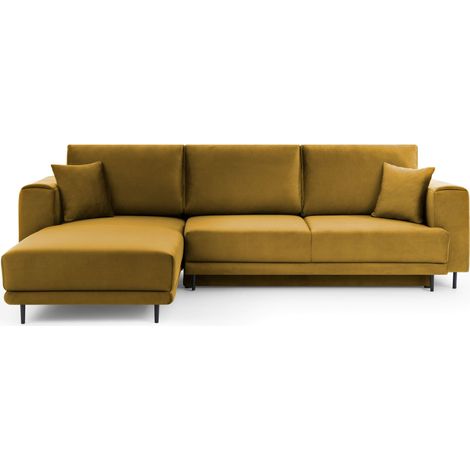 Canapé d'angle convertible velours DAVINA - Coffre et pieds métal noir angle gauche-Jaune moutarde-angle gauche (1/5)