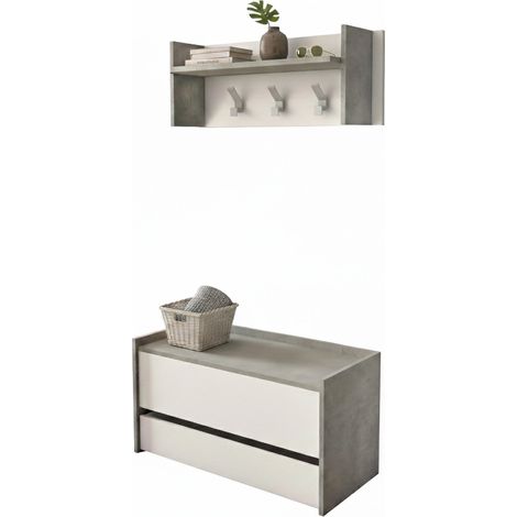 Dmora - Mobile da ingresso Brionia, Entratina moderna con appendiabiti, Mobile con scarpiera, Armadietto multifunzione, Cm 50x32h182, Cemento e Bianco, con imballo rinforzato