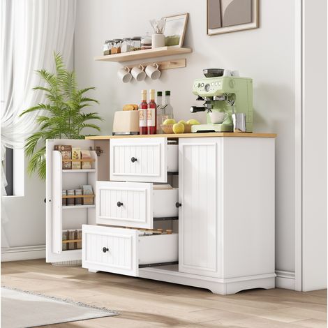 Anrichte MDF Weiß/Holzoptik 126x40x86 cm mit 3 Schubladen, 2 Türen und verstellbaren Einlegeböden (1/5)