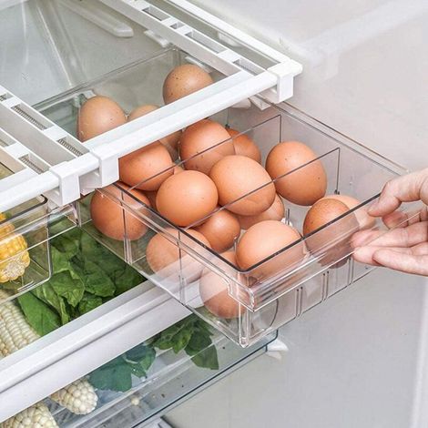 8 grilles Bac de rangement pour réfrigérateur, organisateur de tiroir coulissant pour réfrigérateur, boîte de rangement à support transparent pour cloisons de réfrigérateur de 12 `` à 14 '' 1/4/8 `` C