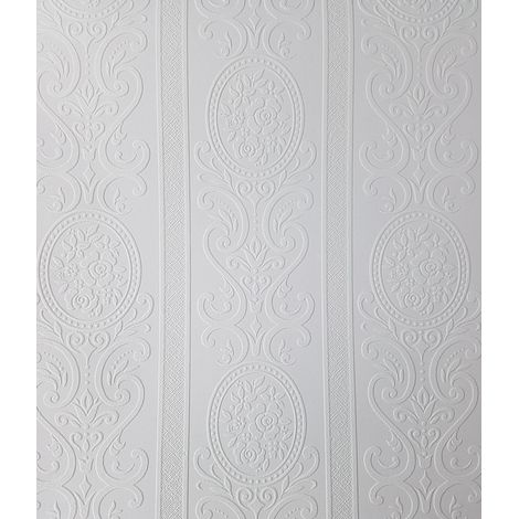 Anaglypta Louisa White Paintable Floral Stripe Wallpaper Vinyl Embossed Textured