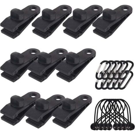 Lot de 10 Clips de bâche support de bâche pour extérieur avec Attache en Toile et Cordon élastique + Mousqueton en Forme de D pour bâches, auvents, Camping, Caravane, couvertures de Voiture