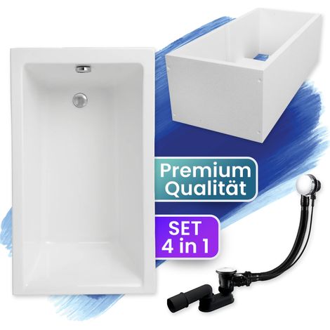 Badewanne Rechteck 100x70 mit Wannenträger, Ablaufgarnitur & Füßen GRATIS - Komplettset 4in1 Original Acryl Wanne Siphon - BADLAND CAPRI (1/5)
