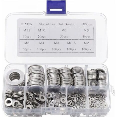Rondelle Inox avec Boîte de Rangement (Lot de 580) - Assortiment de 9 Tailles M2, M2.5, M3, M4, M5, M6, M8, M10 & M12 - Lot de Rondelles Métal - Réparations, Usines & Décoration Intérieure (1/5)