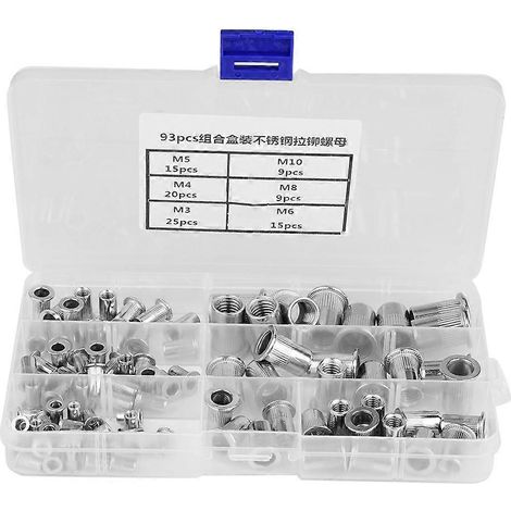93-teiliges Set mit Gewindeeinsätzen (1 Box) M3, M4, M5, M6, M8, M10, Blindnietmuttern aus Edelstahl 304