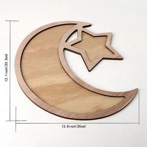 Service de table rustique en bois en forme de croissant de lune pour l'Aïd et le Ramadan, idéal pour les desserts et autres fêtes. (1/4)