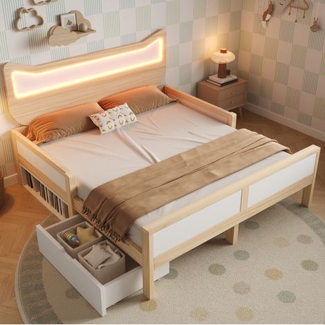MEUBLIV Lit 140x200 cm blanc et chêne – tête de lit LED, rangement, sans matelas (1/5)