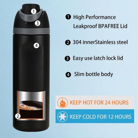 Thermosflasche Trinkflasche Isolierte Thermosflasche Reisebecher, 700 ml Hält 24 Stunden heiß 12 Stunden kalt Auslaufsicher mit Schnappverschluss (1/4)
