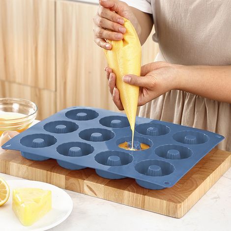 Moule À Donuts - 12 Emplacements - Silicone Haute Température Jusqu'à 230 °C - Antiadhésif - Pour Four Micro-ondes Réfrigérateur - Bleu - 1 Pièce (1/5)