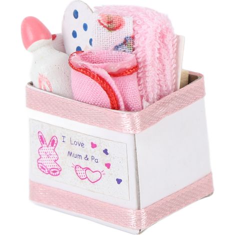 Puppenhaus-Babyspielzeugkiste, niedlicher rosa Miniatur-Babykorb mit Spielzeug für Puppenhäuser im Maßstab 1:12 (1/5)