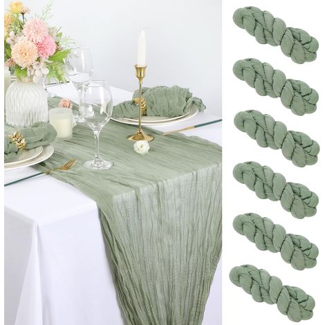 6 chemins de table en mousseline verte de 90 x 300 cm, serviettes en tissu mousseline avec plis, polyvalentes, en vrac pour dîner, mariage, fête, décoration de la maison (1/5)