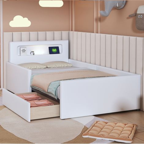 Letto singolo imbottito in similpelle bianca 90x200 cm con USB, luce notturna, cassetti e rete a doghe (1/5)