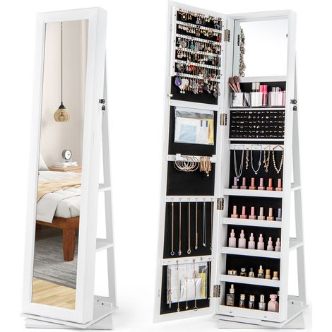 Costway – Armoire à bijoux pivotante 360° avec miroir en pied – 120 emplacements pour boucles d'oreilles – 3 boîtes de rangement – 2 poches zippées – Blanc (1/2)