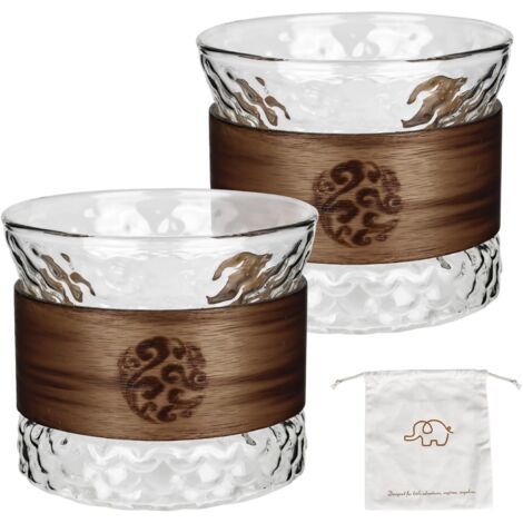 Lot de 2 tasses à expresso de 170 ml avec poignée en bois de noyer anti-brûlure, verre borosilicate résistant, pour latte, Iced Americano, lait