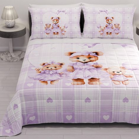 Couvre-lit d'été 220x260 cm 100 g/m² Double Face, Couette légère pour lit Une Place et demie, Printemps, Modèle Teddy Love Lilas, 100% Fabriqué en Italie (1/5)
