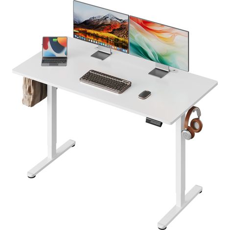 Bureau assis-debout électrique 140 x 70 cm, moteur silencieux, 3 mémoires, blanc (1/5)