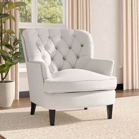 Classic Buttoned Back Linen Armchair with Wooden Legs (1/5)