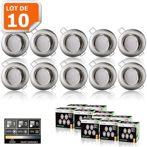 Lampesecoenergie – Lot de 10 spots led dimmables 7W blanc chaud – Orientables 25° – 560 lumens – Installation directe 230V – Finition alu brossé - 3-step (1/6)
