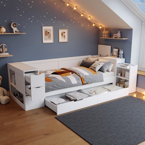 Lit enfant, banquette-lit, 90x200cm, lit simple, lit enfant multifonctionnel avec tiroirs, étagères et rangements, avec table de chevet, sans matelas, blanc, garantie 2 ans