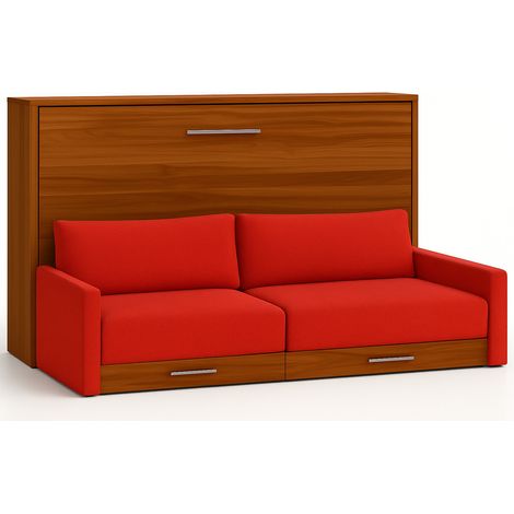 Lit escamotable horizontal avec canapé Vetal 120x190-Canapé Orange-Structure et Façade Noyer (1/5)