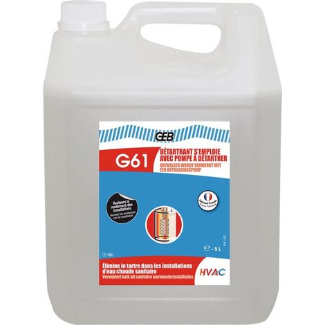 GEB – Détartrant G61 pour entretien chauffage central – Liquide incolore 5L – Compatible avec toutes les pompes à détartrer – Acide chlorhydrique