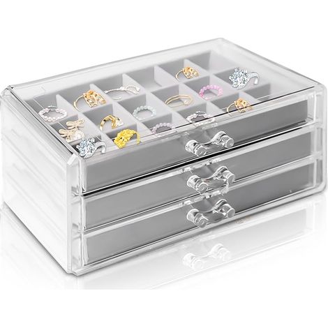 Boîte à bijoux en acrylique avec 3 tiroirs - Boîte à bijoux en velours pour boucles d'oreilles, bagues, bijoux (1/5)