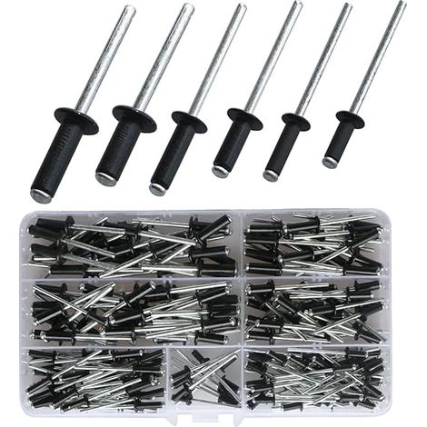 Lot de 210 rivets aveugles en aluminium à grande bride (3,2/4/5 mm) (8/10/12/14/16) pour métal, boîte de rangement, meubles, bleu marine (noir)