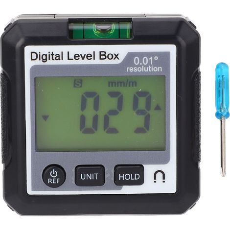 Indicador de ángulo digital de 4x90° con nivel de burbuja y base magnética, blanco y negro. (1/5)