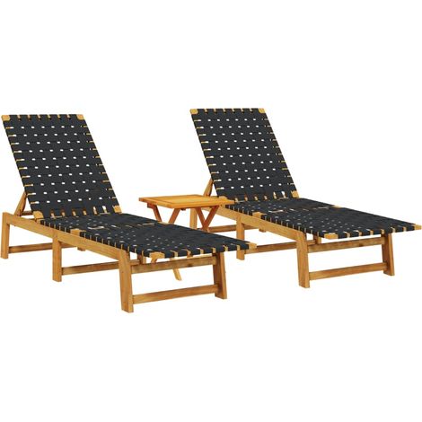 Chaises longues Transat Bain de soleil lot de 2 avec table noir bois massif d'acacia (1/5)