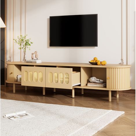 Mobile TV 180x40x40 cm per TV 75 pollici, 2 ante, 2 sportelli scorrevoli, contenitore, MDF legno chiaro con rattan (1/5)