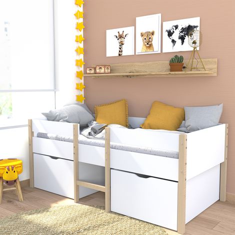 Lit mi-hauteur ZEPHIR 90x200 + 2 grands tiroirs + sommier / Blanc & vernis naturel/ 209x100x81 cm (1/5)