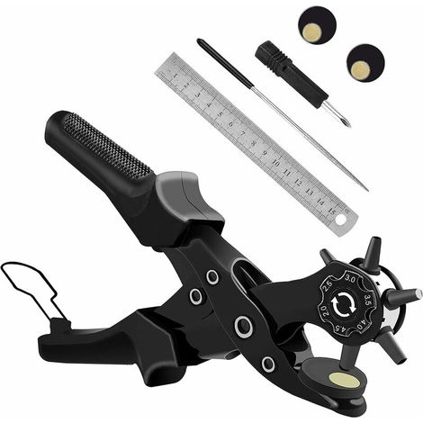 Pince Perforatrice, Perforatrice Cuir avec Taille du Trou Cadran, Poinçon À Ceinture Professional avec Tige de Meulage, pour Cuir, L'artisanat,Plastique,Feutre,Caoutchouc, etc.(Noir) (1/5)