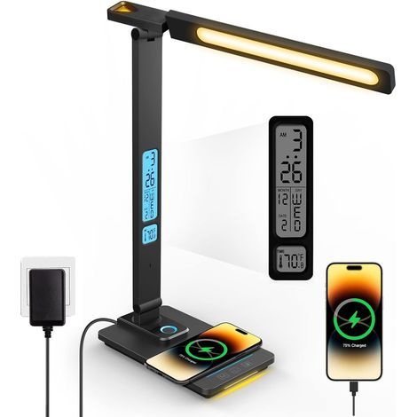 dimmbare LED-Schreibtischlampe, 10-W-Kabelloses Ladegerät, USB-Anschluss, LCD-Bildschirm, Zusammenklappbar, Für Büro und Schlafzimmer (1/5)