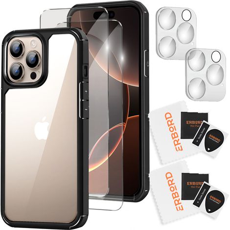 Hülle für iPhone 16 Pro, erbord Hybrid, transparent/schwarz + 2x Displayschutzfolien aus Glas + 2x Kameraschutzfolien aus Glas (1/5)