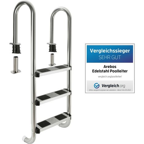 AREBOS Edelstahl Poolleiter inkl. Kunststoffbolzen, Flanschrohr und Montagematerial 2 Montagemöglichkeiten mit Antirutschpads auf den Sprossen Einstiegsleiter Silber Einbauleiter 3 Stufen