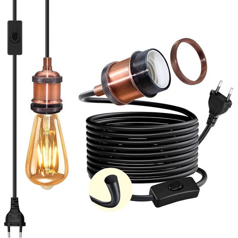 Suspension Rétro en Laiton avec Cordon 5.1M,Industriel Suspension Luminaire à Câble Rond Noir, Douille E27 Vintage en Cuivre Rouge, Suspendue Lustre avec Prise et Interrupteur pour Chambre Cuisine (1/5)