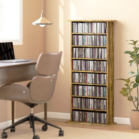 Meuble de rangement pour CD et DVD à 8 compartiments et 6 étagères réglables, capacité maximale de 360 CD / 185 DVD et Blu-ray, marron