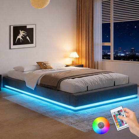 Lit coffre 160x200 cm en lin girs avec éclairage LED, lit avec sommier sans tête de lit, lits 2 personnes à lattes en bois et structure en métal, lits double gris (1/5)