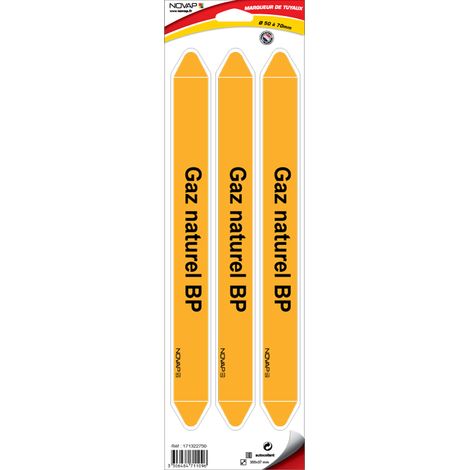 Planche de 3 marqueurs de tuyauterie 355 x 37 mm pour Ø 50 à 70 mm - Gaz naturel BP - 4711096
