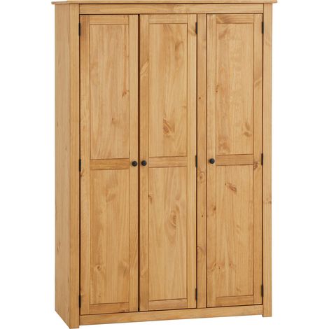 Armoire en pin massif 3 portes – Dimensions 175 x 118 x 50 cm – Style naturel – Tringle et 4 étagères incluses – Caro-Möbel