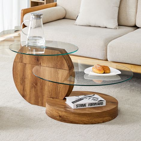 Table basse ronde lot de 2 en verre 70x50x44cm Pieds Croisés Placage marbre Bois Canapé table salon Style moderne et minimaliste
