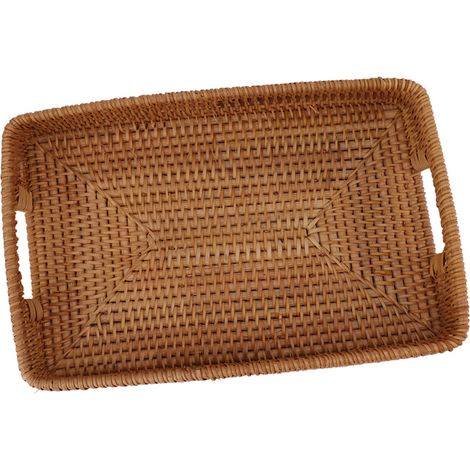 Panier de service rectangulaire en rotin avec poignées, grande capacité, durable et décoratif, idéal pour les fruits, les desserts et la cuisine. (1/5)