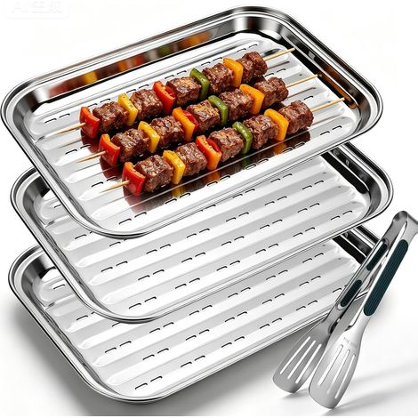3 pièces Barquettes de Grill en Acier Inoxydable 34,9 x 24,5 cm Panier de cuisson réutilisable avec pince Poêle à grillades rectangulaire perforée pour les légumes, la viande et le poisson (1/5)