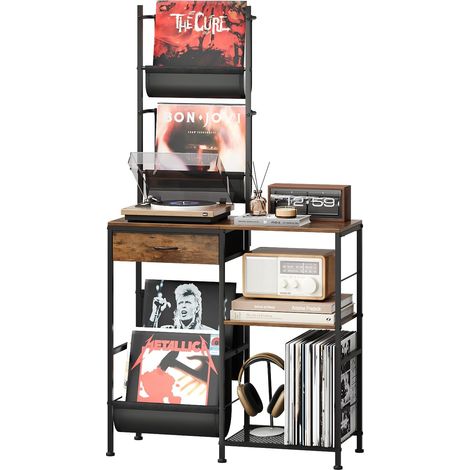 Étagère à disques vinyles avec 1 tiroir et 3 étagères en bois et métal vintage pour jusqu'à 150 disques vinyles LP avec étagère pour platine tournante, table d'appoint pour salon (1/5)